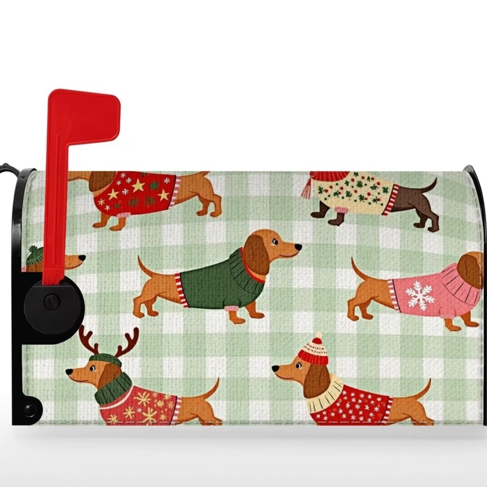 Festive Dachshund Dog Mailbox Cover - Red, Green, Pink